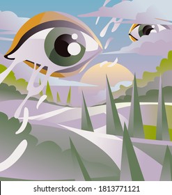 surrealistic eye landscape forest cartoon