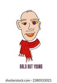 Surrealistic face with text - bald but young. Comic print for t-shirt or notepad.