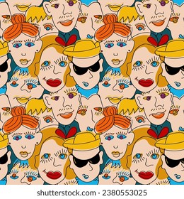 Surrealistic faces in funny abstract style. Hand drawn people vector illustrations. Seamless pattern for printing on any surfaces.