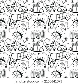 Surrealistic, hand drawn vector pattern inspired by Juan Miro. Аbstract shapes, eyes, cats, flowers. monochrome, black and white.For the design of textiles, paper, notebooks, print packaging paper.