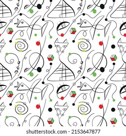 Surrealistic, hand drawn vector pattern inspired by Juan Miro. Аbstract shapes, eyes, cats, bird. Black and white with green, red and yellow elements. Spiral, cube. For the design of textil, wrapping