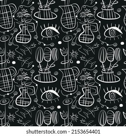 Surrealistic, hand drawn vector pattern inspired by Juan Miro. Аbstract shapes, Beyes, cats, flowers, vase, line. black and white.Art design for print, cover, paper, wallpaper, textile. 