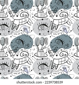 Surrealistic, hand drawn vector pattern inspired by Juan Miro. Аbstract shapes, eyes, cats, flowers. monochrome. For the design of textiles, paper, notebooks, print packaging paper.