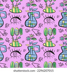 Surrealistic, hand drawn vector pattern inspired by Juan Miro. Аbstract shapes, eyes, vase with flowers, glove. Line and spot.  For the design of textiles, paper, notebooks, print packaging paper.