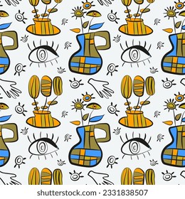 Surrealistic, hand drawn vector pattern inspired by Juan Miro. Аbstract shapes, eyes, hand, bird. Green, yellow, blue, black colours. Spiral, cube. For textiles, wrapping paper, notebooks, wallpaper, 