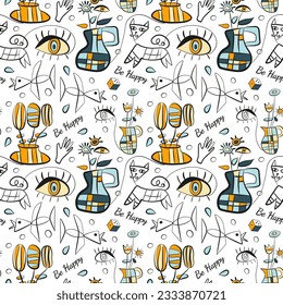 Surrealistic, hand drawn vector pattern inspired by Juan Miro. Аbstract shapes, eyes, hand, bird. Black and white with green, yellow, blue elements.  For the design of textiles, paper, notebook