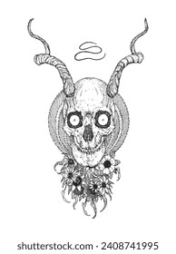 Surrealistic handdrawn skull with horns and flowers