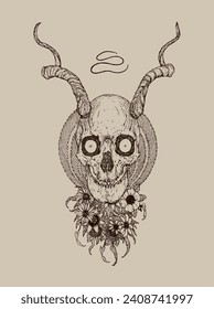 Surrealistic handdrawn skull with horns and flowers