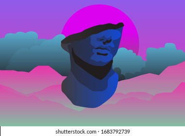 Surrealistic Hellenistic marble bust or Colossal head of a youth in clouds and neon lightning. Vaporwave retro style illustration.