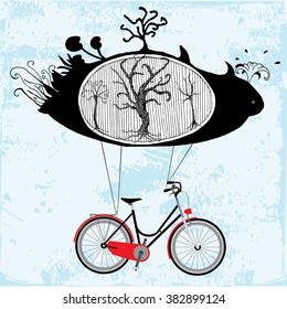 Surrealistic illustration of an air balloon with trees inside. raising an bicycle