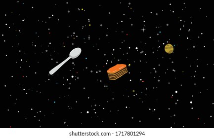 Surrealistic illustration of spoon, piece of cake an planet in the outer space.