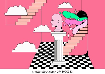 Surrealistic interior with chess floor, columns and sculpture. Trendy pop art psychedelic style illustration.