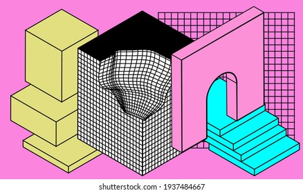 Surrealistic landscape with geometric shapes, cube and arches. Vaporwave neo-memphis style illustration.