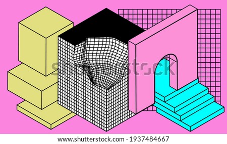 Surrealistic landscape with geometric shapes, cube and arches. Vaporwave neo-memphis style illustration.