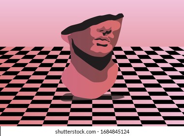 Surrealistic landscape with marble bust on chessboard floor. Vaporwave retro style illustration.