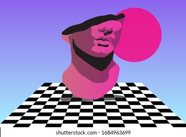 Surrealistic landscape with marble bust on chessboard floor. Vaporwave retro style illustration.