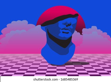 Surrealistic landscape with marble bust on chessboard floor. Vaporwave retro style illustration.