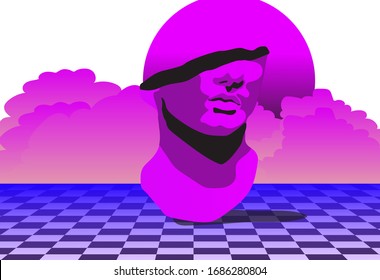 Surrealistic landscape with marble bust on chessboard floor. Vaporwave retro style illustration.