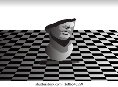 Surrealistic landscape with marble bust on chessboard floor. Vaporwave retro style illustration.