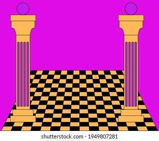 Surrealistic landscape with Roman columns and checkered floor