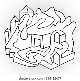 Surrealistic linear drawing. Linear surreal tattoo. Surreal artwork. Black and white graphic art.