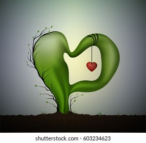 surrealistic love idea, soft green heart with hanging small red heart inside, monument of love, vector