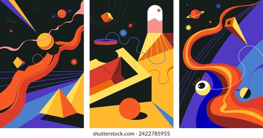 Surrealistic picture set with geometric and celestial bodies, all seeing eye and door to unknown. Gateway to new dimensions and realms. Boundaries between reality and fantastical. Vector in flat style