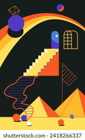 Surrealistic picture with window and pyramids, spheres and radiant moon, staircase ascends to mysterious door. Ancient wisdom, threshold to higher consciousness, cosmic balance. Vector in flat style