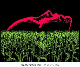 Surrealistic pixel art illustration depicting a human crowd standing in front of a giant face silhouette. A conceptual representation of a dystopian future where artificial intelligence.