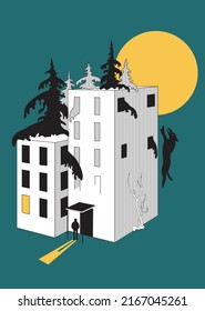 Surrealistic print for a T-shirt. There is a wolf running to the moon, an urban part of a city, and  Christmas trees growing on the roof, and a man, and roots on the wall of the building.