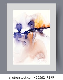 Surrealistic scenery with strokes of orange and blue shades on white background, on watercolor artwork. Surrealistic with reflective elements and horizon reminiscent of summer landscape. Poster, print