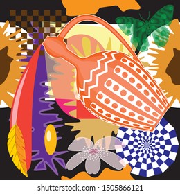 Surrealistic seamless pattern. Colorful tropical poster design. Amphora with red wine on the background of abstract figures. For printing on Wallpaper and fabrics. Yellow drops of amber.