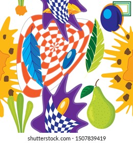 Surrealistic seamless pattern.. Colorful tropical poster design. Exotic leaves, flowers, plants and fruits art print. For printing on Wallpaper and fabrics.