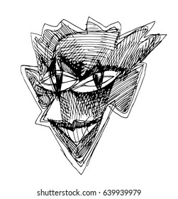Surrealistic sketch. Surreal Grotesque head. Sketch art. Crazy face. Grotesque black and white sketch