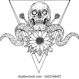 Surrealistic skull with flowers and horns