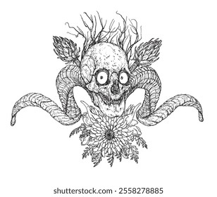 Surrealistic skull with flowers and horns