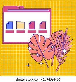 Surrealistic technology composition with console window and palm leaves on squared yellow background. Vaporwave and retrowave style illustration for cover, poster and t-shirt print.