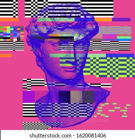 Surrealistic vector pixel art ilustration with Michelangelo's David bust. Vaporwave and retrowave style, postmodern aesthetics with Renaissance antique sculpture.