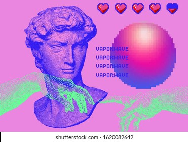 Surrealistic vector pixel art ilustration with Michelangelo's David bust, hearts and glowing sphere. Vaporwave and retrowave style, postmodern aesthetics with Renaissance's masterpiece elements.