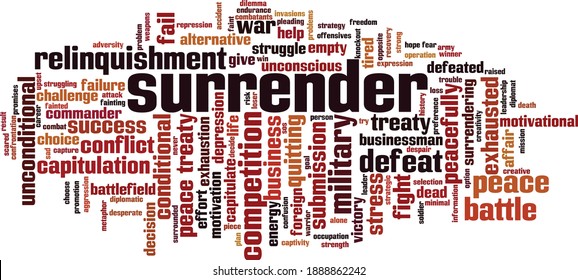 Surrender cloud concept. Collage made of words about surrender. Vector illustration 