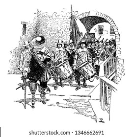 The surrender of Fort Amsterdam which was a fort on the southern tip of Manhatta by Governor Peter Stuyvesant,vintage line drawing or engraving illustration.