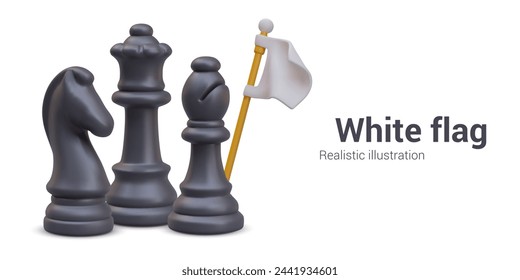 Surrender on chessboard. Group of black chess pieces holds white flag