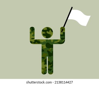 Surrender - soldier, warrior and combatant is giving up, surrendering and capitulating after being defeated. Man in khaki green is holding white flag. Vector illustration isolated on plain background.