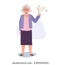 Surrendering to Life concept. Emotional Elderly Woman with White Flag in Retirement. Flat vector cartoon illustration