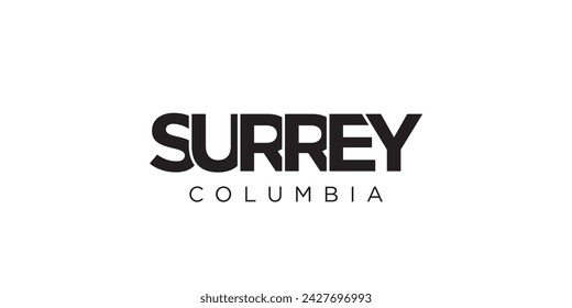 Surrey in the Canada emblem for print and web. Design features geometric style, vector illustration with bold typography in modern font. Graphic slogan lettering isolated on white background.