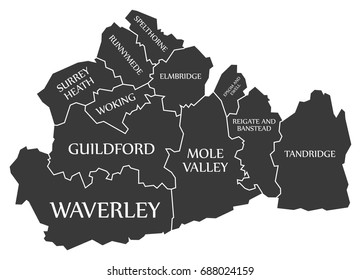 Surrey county England UK black map with white labels illustration