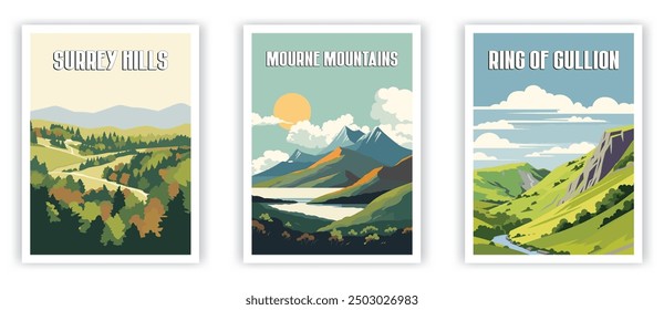 Surrey Hills, Mourne Mountains, Ring of Gullion Ilustración Arte. Póster de viaje Arte de pared. Arte vectorial minimalista