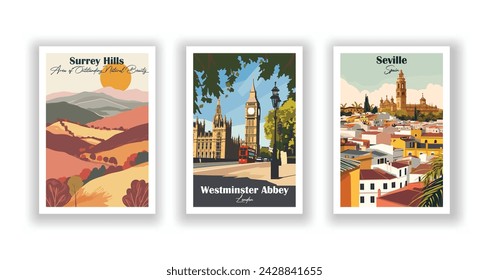 In: Surrey Hills. Westminster Abbey, London. Sevilla, Spanien - Vintage Reiseplakat. Vektorgrafik. Qualitativ hochwertige Ausdrucke