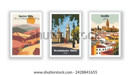 Surrey Hills. Westminster Abbey, London. Seville, Spain - Vintage travel poster. Vector illustration. High quality prints