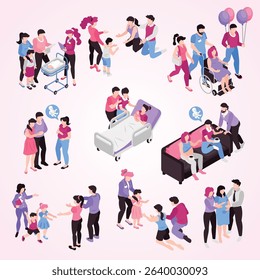Surrogacy agencies service pregnancy adoption custody potential parents meeting welcoming kids home isometric compositions set vector illustration